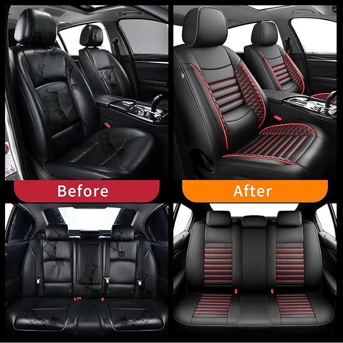 Fit Santa Fe Car Seat Covers for Hyundai Santa Fe 2007-2025 2026 - Upgraded Premium Waterproof & Breathable Leather,Airbag Compatible, All-Weather Seat Cushion Protector(Full Set,Black+Red)