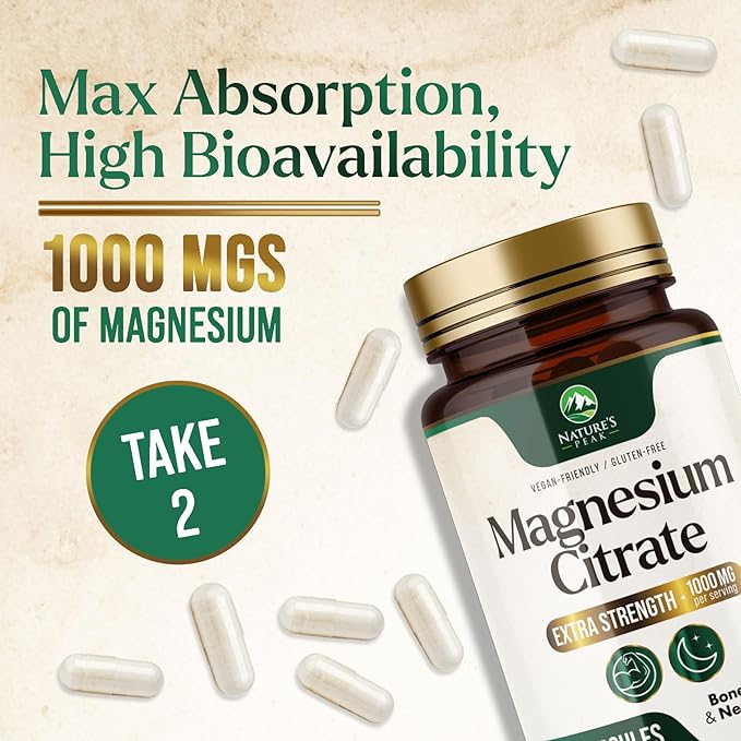 Magnesium Citrate Extra Strength 1000 mg - High Absorption Magnesium Supplement for Muscle, Bone, Nerve & Heart Health Support, Magnesio Vitamin Pills, Non-GMO, Nature's Premium Formula - 120 Capsules