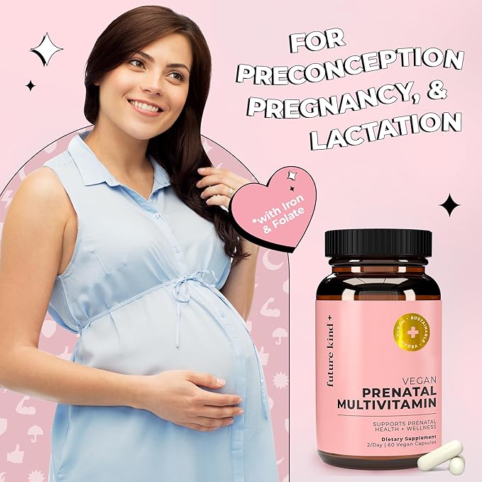 Future Kind Vegan Prenatal Vitamin with DHA & L-Methylfolate in Glass Bottle - Prenatal Folate Supplement for Women with Vitamin D & E, Iron & Biotin - Gluten-Free, Non-GMO (60ct)