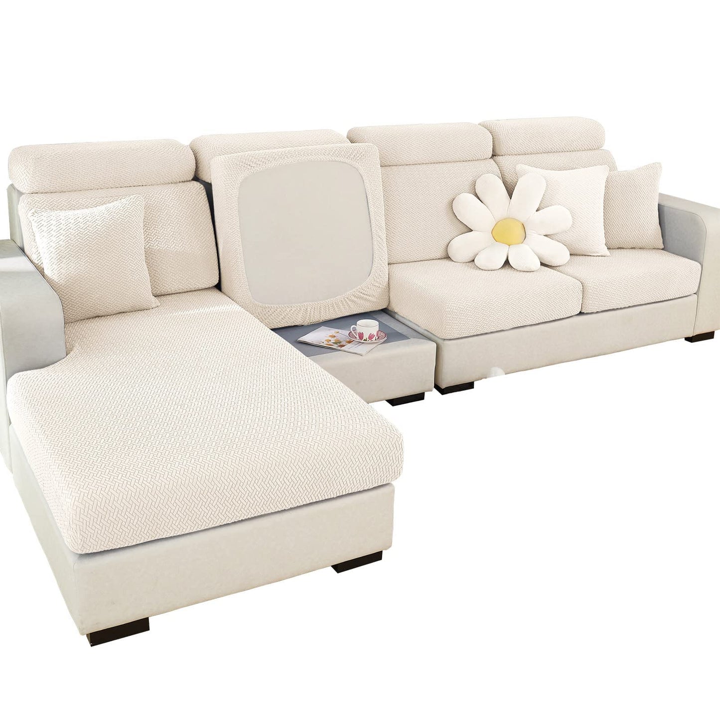 2025 New Wear-Resistant Universal Sofa Cover, Stretch Couch Cushion Slipcovers Replacement, Anti-Slip L Shape Sofa Covers, Chaise Lounge Sofa Slipcover (Weave White,Large Triple Seat Cover)