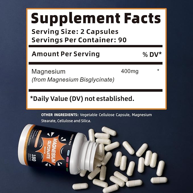 Magnesium Glycinate 400 MG per Serving 100% Chelated for High Absorption, Gentle On Stomach, Non-GMO, 180 Vegetarian Capsules