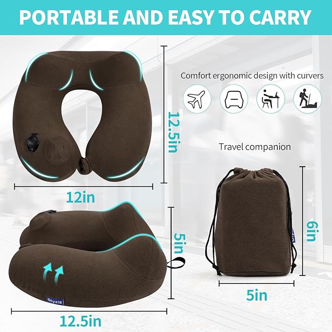 Inflatable Travel Neck Pillow for Airplane, Head Support Velvet Adult Neck Pillow for Long Flight, Kit with Eye Mask, Earplugs and Storage Bag,1, Brown