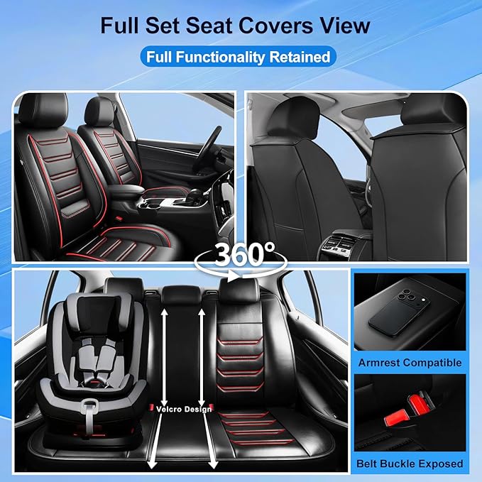 Fit RAV4 Car Seat Covers for Select Toyota RAV 4 2013-2026 /RAV4 Hybrid - Premium Full Coverage Leather, Waterproof & All Weather Seat Cushion Protector, Full Set, Black with Red Trim