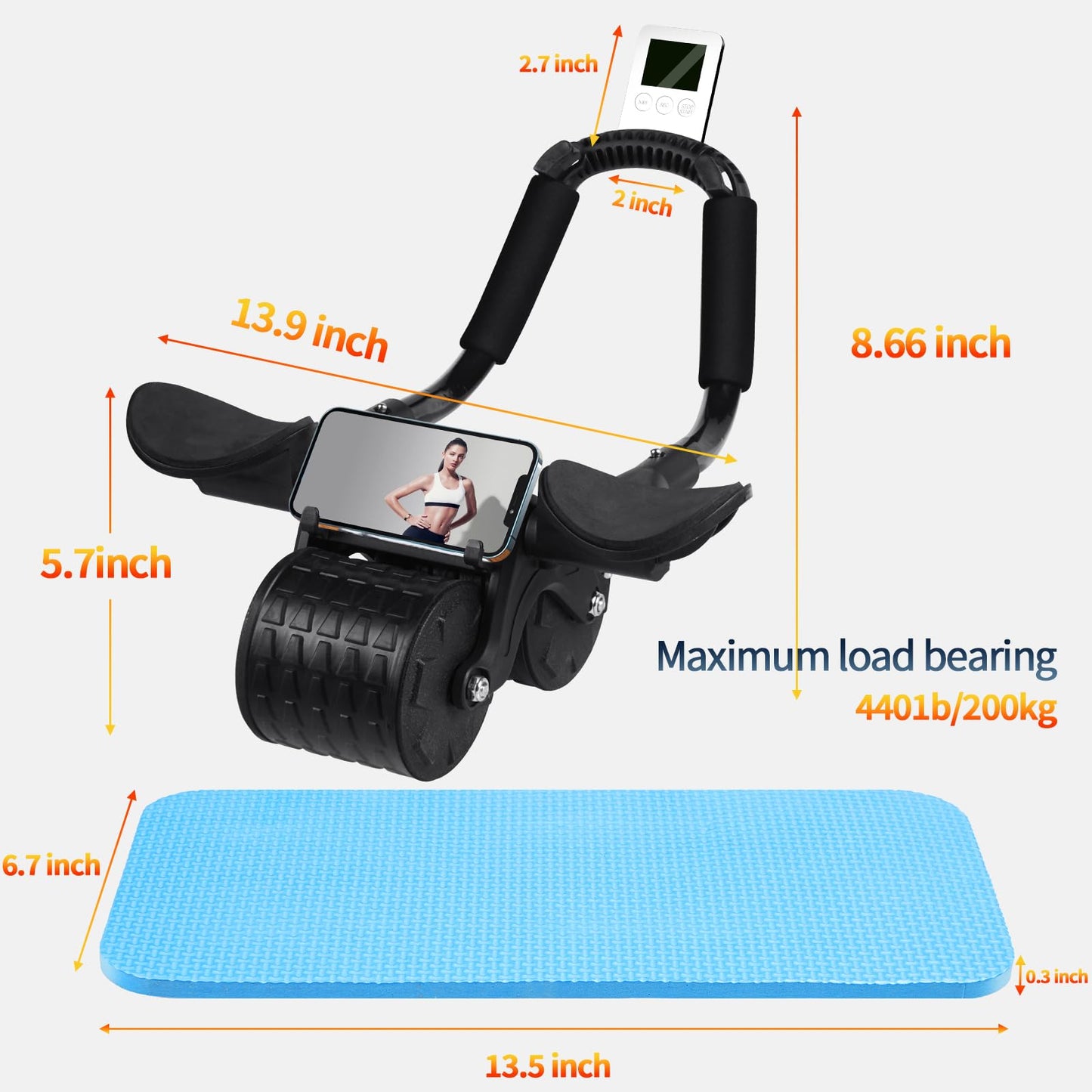 Tixahi Ab Roller Wheel，with Timer Automatic Rebound Abdominal Wheel，Elbow Support Abs Roller Wheel Core Exercise Equipment (Black)