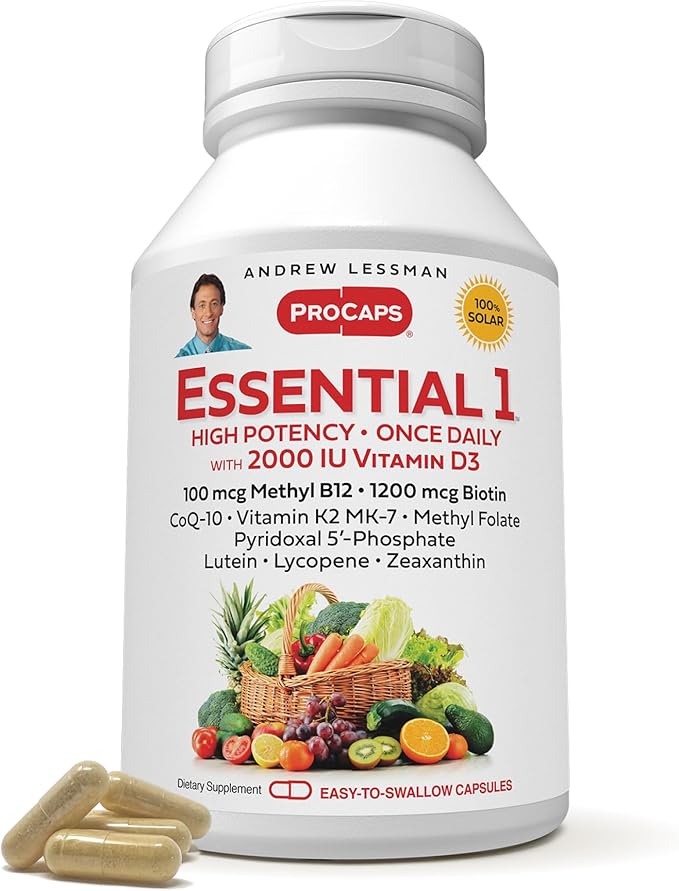 ANDREW LESSMAN Essential-1 Multivitamin 2000 IU Vitamin D3 360 Small Capsules - 100 mcg Methyl B12. CoQ10 Lutein Lycopene Zeaxanthin. High Potency. No Additives. Ultra-Mild. One Daily Capsule