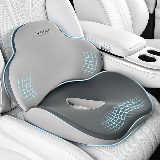 Coverado Car Seat Cushion and Lumbar Support Pillow, Memory Foam Ergonomic Back Support Driving Seat Cushion for Sciatica, Tailbone, Back Pain, Non-Slip Washable Cushion for Car, Driver, Office