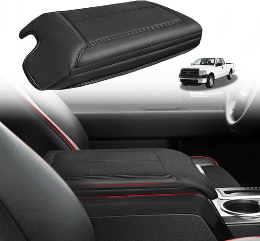 Muslogy Center Console Armrest Cover Compatible with Ford F-150 F150 2009-2014 Comfort Armrest Pad Arm Rest Cushion Vegan Leather Protector 1-Inch Extra Thick(Bucket Seat ONLY)