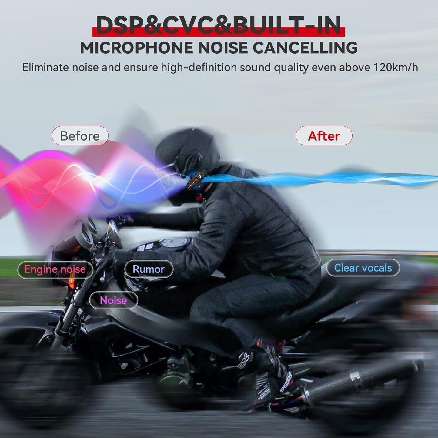 Motorcycle Bluetooth Headset V5.2 with Music Sharing, 2-Way Motorcycle Helmet Bluetooth with IP67 Waterproof, Helmet Intercom Communication Systems for Snowmobile/ATV/Ski, 1 Pack
