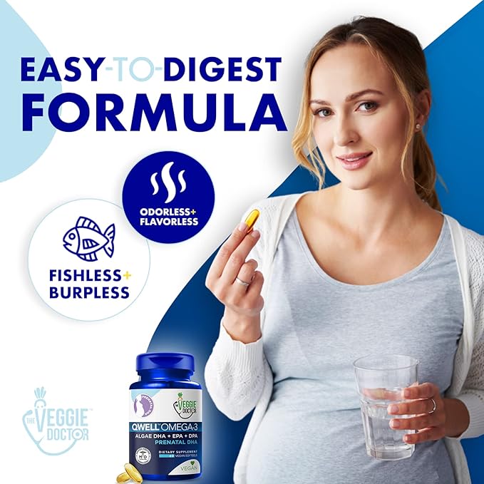 Vegan Prenatal Vitamins with DHA (60 Count) Omega-3 - Qwell Better Than Fish Oil, Brain Function - 820 Mg Algae DHA & EPA, Vegan Prenatal Vitamins with Vitamin E, Carrageenan-Free