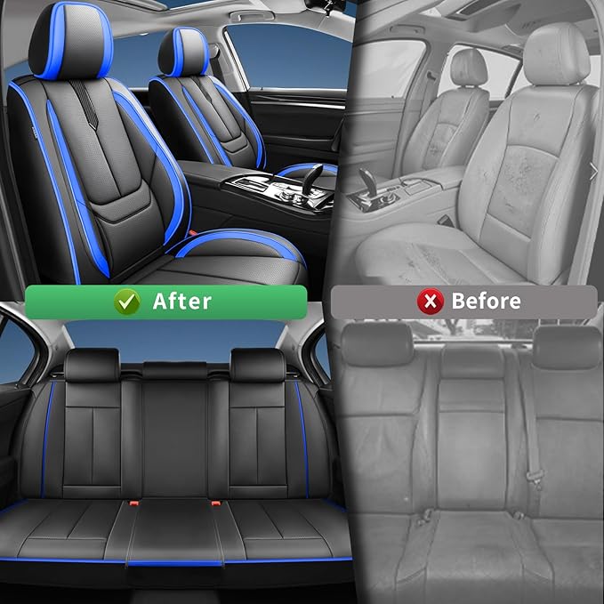 Fit Kona Car Seat Covers for Hyundai Kona 2018-2024 2025 2026 -Upgraded Premium Waterproof & Breathable Leather,Airbag Compatible,All-Weather Seat Cushion Protector,Full Set,Black-Blue