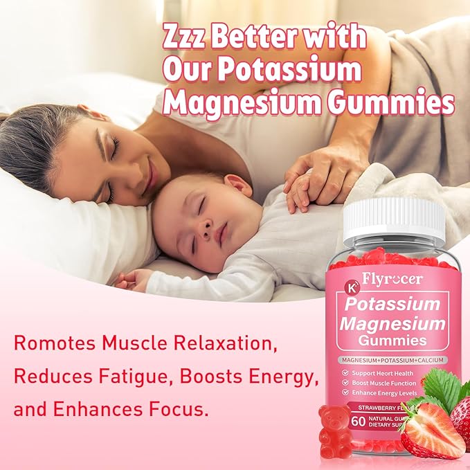 Potassium Magnesium Gummies for Men & Women, Potassium Magnesium Supplement for Leg Cramps, Muscle Health, & Electrolyte Balance, Strawberry Flavor, 60 Gummies