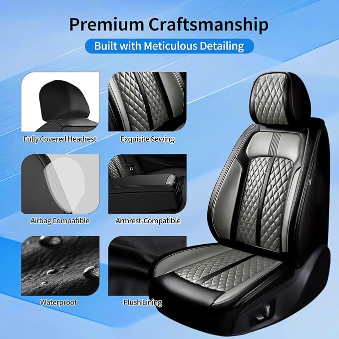 Car Seat Covers for Select Honda Fit 2007-2020, Premium Full Coverage Leather, Airbag Compatible& Scratch-Resistant, Waterproof & All Weather Breathable Seat Protector, Full Set, Black+Gray