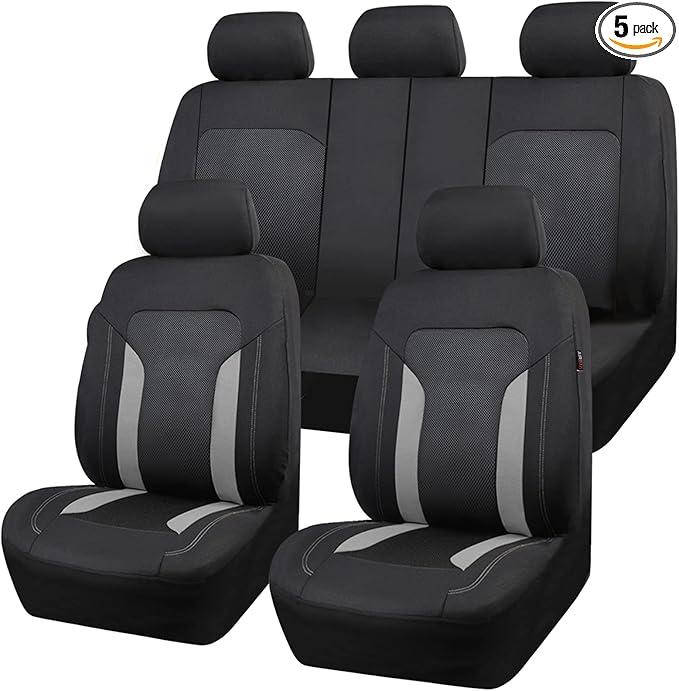 CAR PASS 3D Air Mesh Car Seat Covers Full Set, Breathable Sporty Rear Bench with Zipper for Armrest Box Universal Fit 95% Automotive SUV,Truck,Sedan Interior Cute Women Airbag Compatible, Black Gray