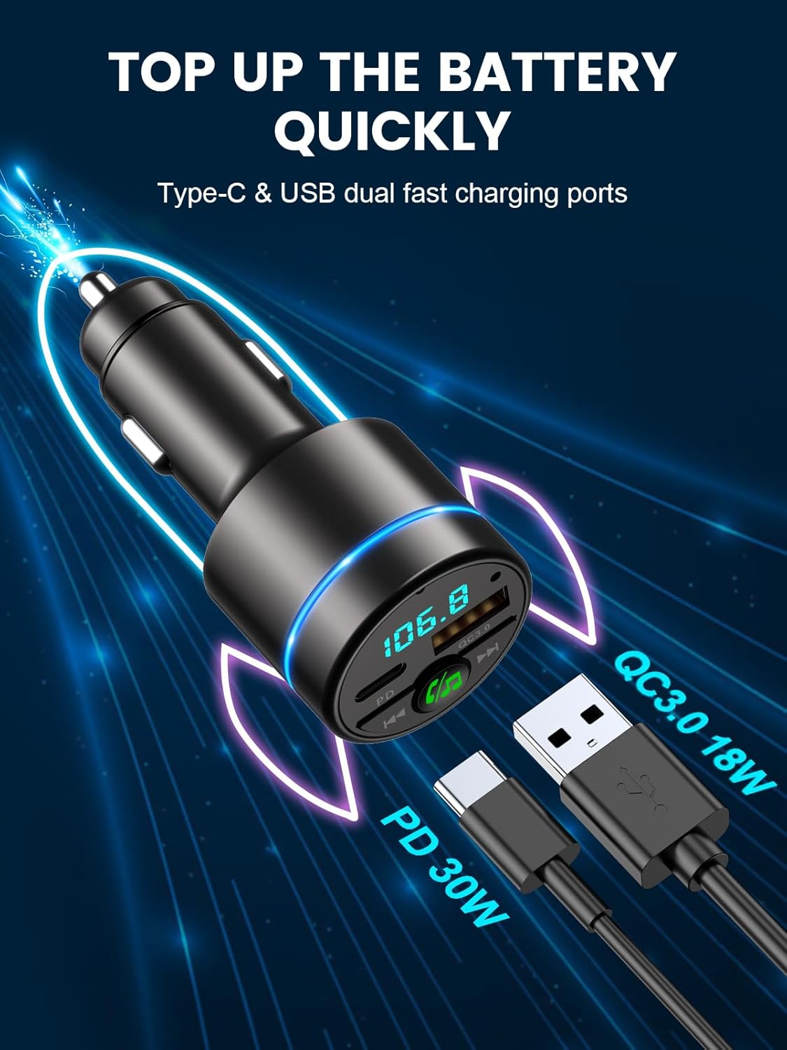 FM Transmitter for Car Bluetooth 5.3, [All-Metal] PD 30W & QC3.0 18W Fast Car Charger, Wireless FM Radio Car Kit Bluetooth Car Adapter, Noise Cancelling Hands-Free Call, Blue Light - Black