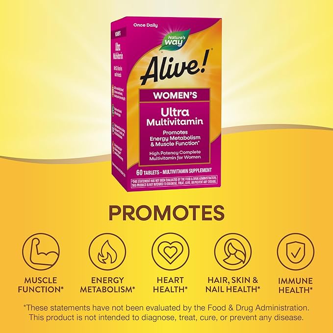 Nature's Way Alive! Women's Daily Ultra Multivitamin, High Potency Formula, Promotes Energy Metabolism and Muscle Function*, with Methylated B12, 60 Tablets
