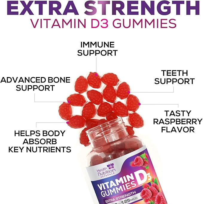 Vitamin D3 Gummies Extra Strength 5000 IU (125 mcg) - Immune Support, Bone, Teeth and Muscle Vitamin D Gummy Dietary Supplement, Nature's Berry Vitamin D Supplement, Raspberry, Non-GMO - 120 Gummies