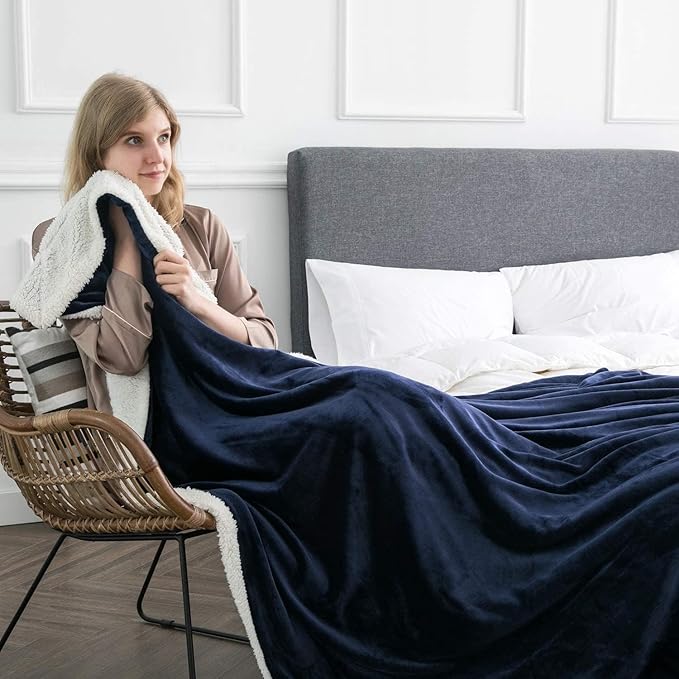 IR Imperial Rooms Navy Sherpa Fleece Throw Blanket for Bed - Wholesale Bulk Pack of 16 Sherpa Blankets - Soft Fluffy Throw Blankets for Hotels, Guest Bedroom, 50x60 Inches
