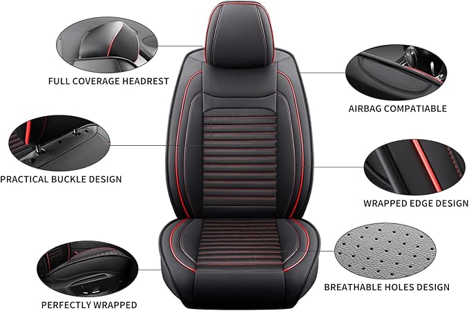 Car Seat Covers Full Set Fit for Toyota Yaris 2007-2020, Premium Faux Leather Car Seat Protector,Breathable Anti-Slip Full Wrapping Edge Seat Covers(Black&Red,Full Set)