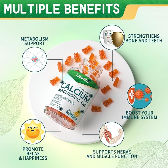 Calcium Magnesium Zinc Gummies with Vitamin D3 & K2 - High Potency Enhanced Absorption -120 Orange Gummies Flavored