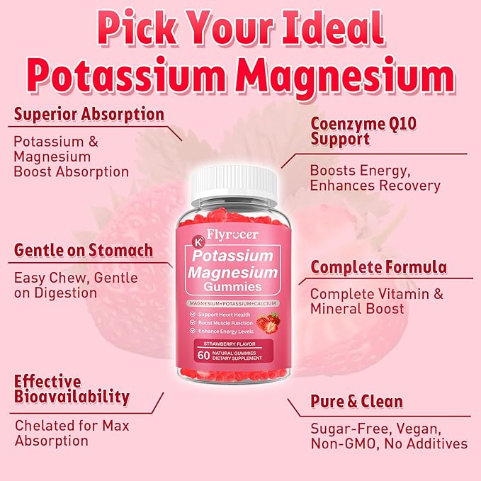 Potassium Magnesium Gummies for Men & Women, Potassium Magnesium Supplement for Leg Cramps, Muscle Health, & Electrolyte Balance, Strawberry Flavor, 60 Gummies