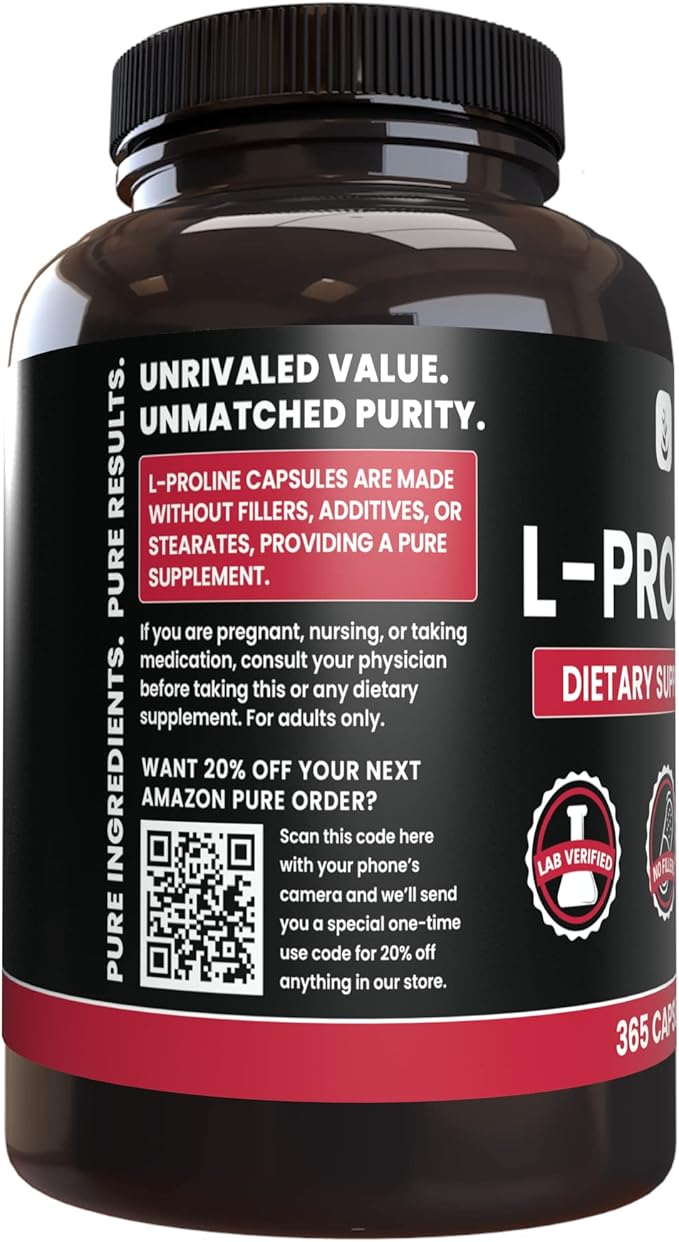 PURE ORIGINAL INGREDIENTS L-Proline (365 Capsules) No Magnesium Or Rice Fillers, Always Pure, Lab Verified