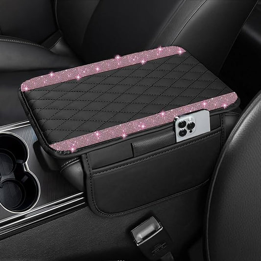 NBTEPEM Bling Car Center Console Cover, Leather Car Arm Rest Cover Cushion with 2 Storage Bags, Universal Automotive Armrest Protector Storage Box, Bling Accessories Interior for Most Vehicles (Pink)