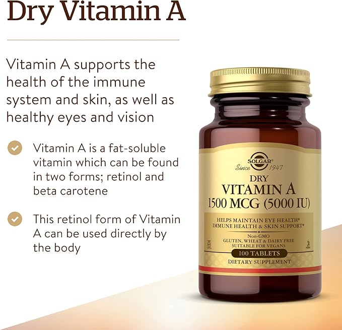 Solgar Dry Vitamin A 1500 mcg (5000 IU), 100 Tablets - Supports Healthy Eyes, Skin & Immune System - Non-GMO, Vegan, Gluten Free, Dairy Free, Kosher - 100 Servings