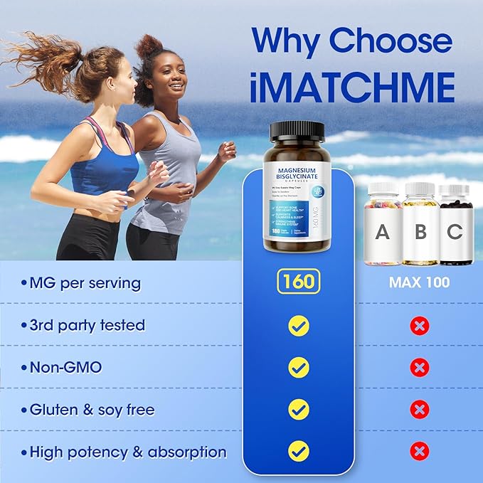 Magnesium Bisglycinate 100% Chelated, Maximum Absorption, Magnesium Supplement for Sleep & Calmness, Supports Heart Healthy, Muscle & Bones, Non-GMO, 180 Capsules