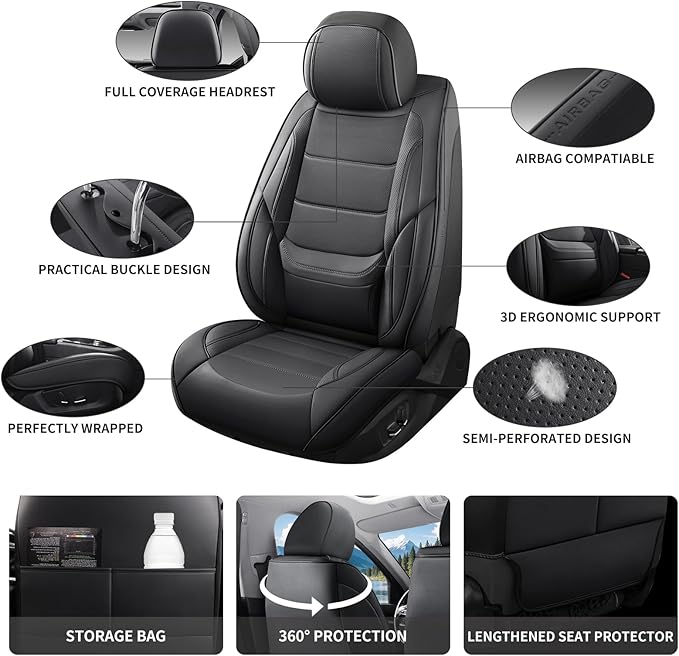 Car Seat Covers Full Set Custom Fit for Mercury Milan 2006-2011,Premium Faux Leather with Lumbar Support, Breathable, Anti-Slip & Soft Touch(Black,Fullset)