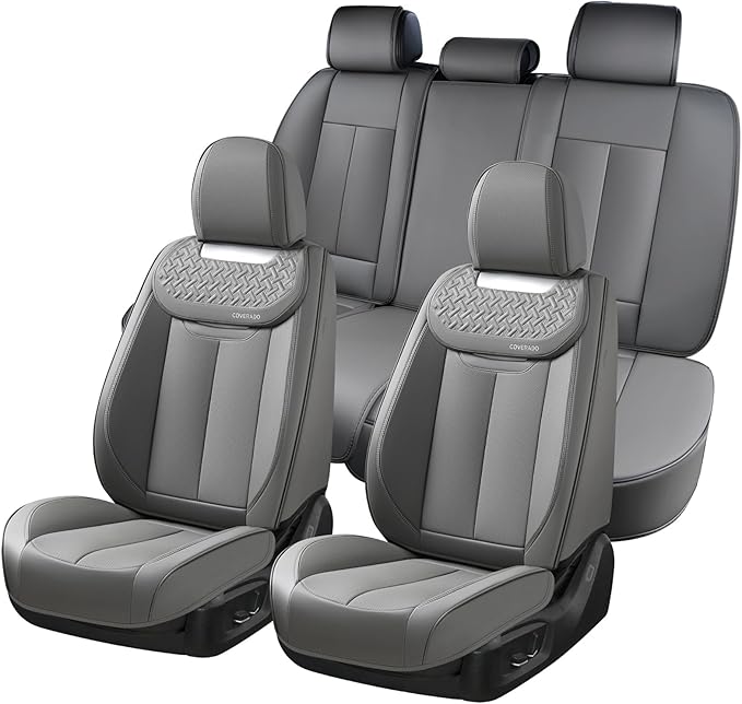 Coverado Car Seat Covers Full Set, Luxury Leather Car Seat Cover, Front and Back Seat Covers for Cars, Waterproof Car Seat Protector, Automotive Seat Covers Universal Fit Most Cars(Gray)