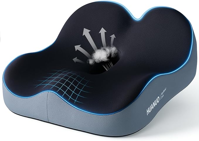 HUANUO Office Seat Cushion for Tailbone Support, High-Density Memory Foam Cushion, Breathable Coccyx Cushion, Non-Slip Bottom for Sciatica Relief, Perfect for Office, Car, and Wheelchair