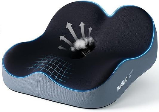 HUANUO Office Seat Cushion for Tailbone Support, High-Density Memory Foam Cushion, Breathable Coccyx Cushion, Non-Slip Bottom for Sciatica Relief, Perfect for Office, Car, and Wheelchair