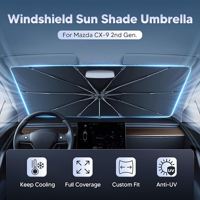 Autorder Windshield Sun Shade Umbrella for 2016-2025 Mazda CX-9 CX9 Accessories,Upgraded Ice Crystal Material,Easy Setup Umbrella Sunshade for Car Windshield,100% Sun Blocking