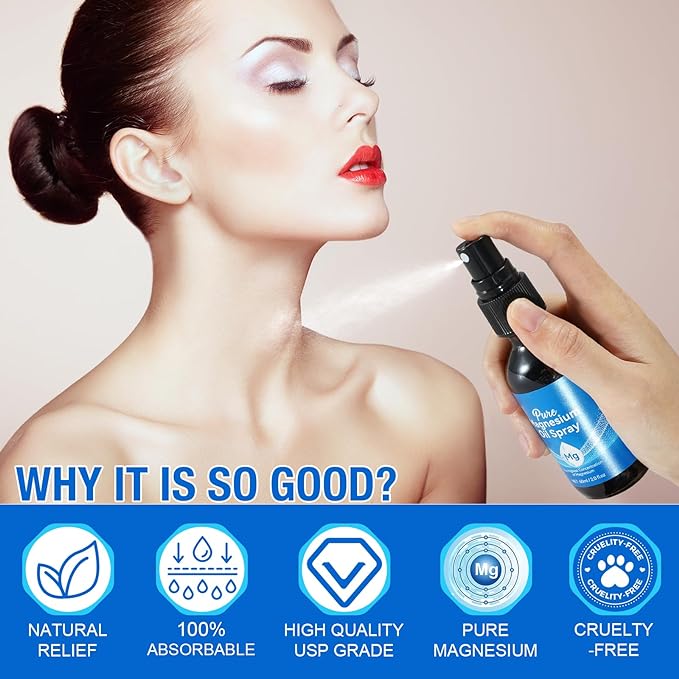 Pure Magnesium Oil Spray, Organic Topical Magnesium Spray Glass Bottle, Easy to Absortion, Easy to Use, 2 fl oz