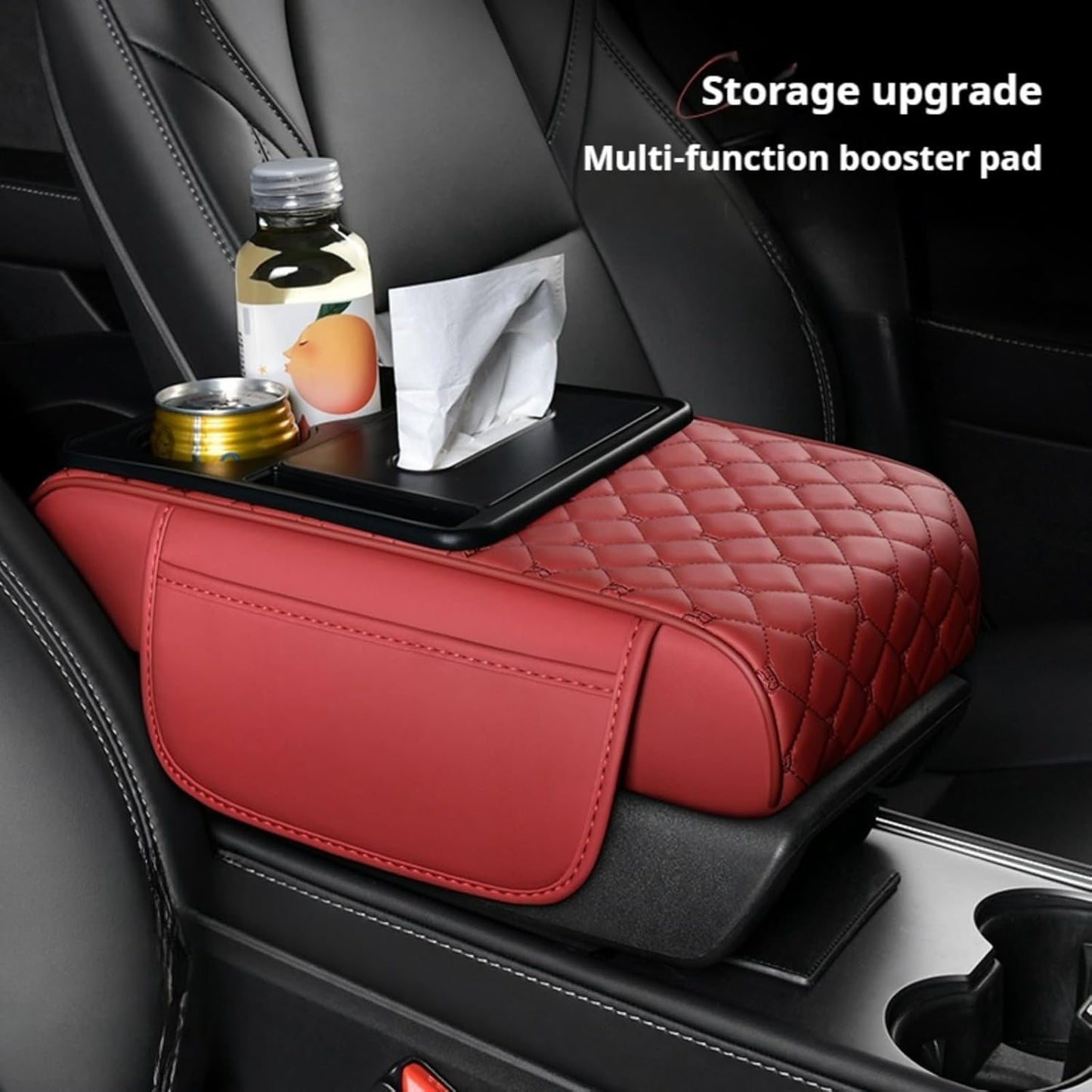5-in-1 Center Console Cover Organizer, Arm Rest Cover for Car with Cup Holder & Storage Pocket & Tissue Box, Armrest Cover Cushion Pad, Grid, Black - Red