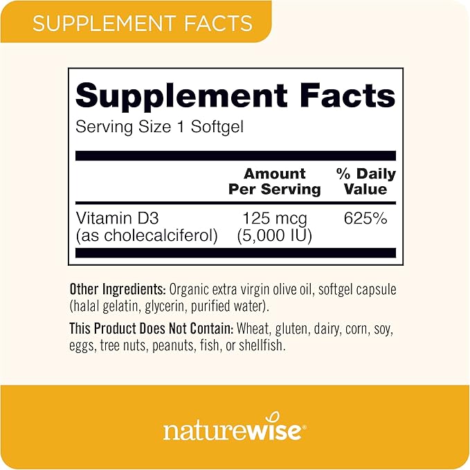 NatureWise Vitamin D3 5000iu (125 mcg) 30-Day Supply for Immune Support, Healthy Muscle Function, and Bone Health - Non-GMO, Gluten Free in Organic Extra Virgin Olive Oil, (Mini Softgel), 30 Count