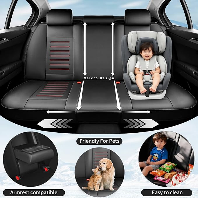 Fit HRV Premium Leather Car Seat Covers Compatible with Honda HRV 2016-2025 2026, Breathable, Wear Resistant, Airbag Compatible, All-Weather Protection & Full Coverage, Full Set Red Line Black