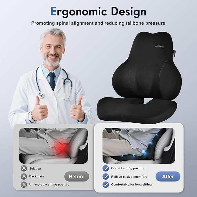 Coverado Memory Foam Car Seat Cushion and Lumbar Support Pillow for Car, Ergonomic Office Chair Cushion for Lower Back Pain Relief, Breathable & Non-Slip for Car, Home, and Office Use, Black