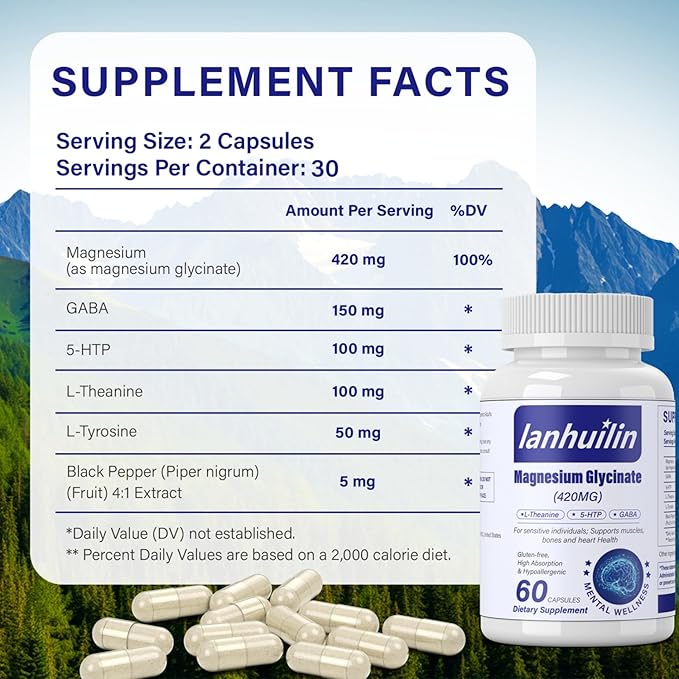 6-in-1 Magnesium Complex, 420mg Pure Magnesium Glycinate, Magnesium Supplement with GABA, 5-HTP, L-Theanine, L-Tyrosine, Vegetarian & High Absorption, 60 Capsules