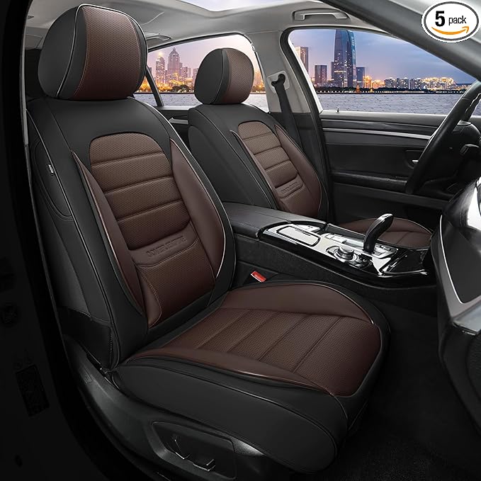 Car Seat Covers Full Set, 5 Seats Universal Leather Seat Covers for Cars, Waterproof Front and Rear Seat Cover, Breathable Automotive Seat Cover for Most Sedans, Trucks, SUVs, Black&Brown