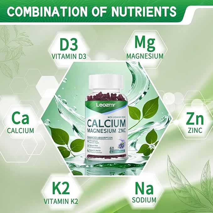 Calcium Magnesium Zinc Gummies with Vitamin D3 & K2 - High Potency Enhanced Absorption -120 Blueberry Gummies Flavored