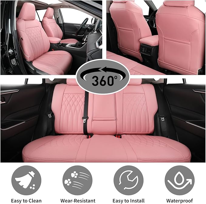 EKR Rav4 Seat Covers Custom Fit for Toyota Rav4(Gasoline) 2019 2020 2021 2022 2023 2024 2025 LE/XLE/XLE Premium/Limited,Leather Car Seat Cover Full Set for SUV,Faux Leather(Pink)