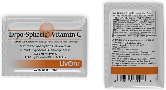 LivOn Laboratories Lypo–Spheric Vitamin C – 3 Cartons (90 Packets) – 1,000 mg Vitamin C & 1,000 mg Essential Phospholipids Per Packet – Liposome Encapsulated for Improved Absorption – 100% Non–GMO