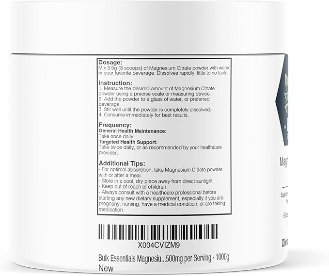 Pure Magnesium Citrate Powder – Unflavored 1000g Supplement for Muscle, Heart & Digestive Support – USA Made, Free from GMO & Gluten – Magnesio 3.5g Per Serving