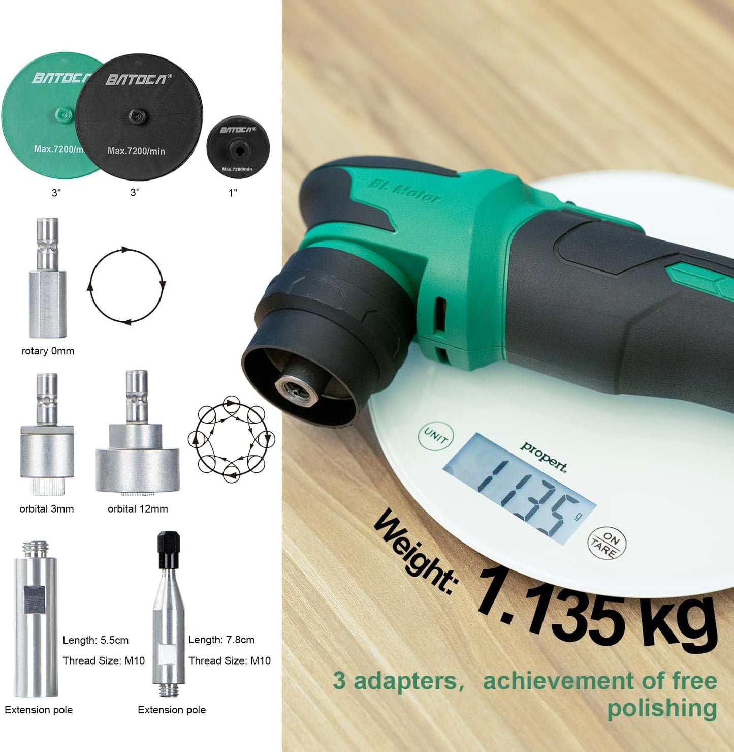 BATOCA S4 Cordless Car Buffer Polisher Rotary Polisher & Dual Action Polisher with 2pcs 12V 2.5Ah Batteries 1&3inch Mini Car Detailing Polishing Kit, 4 Speeds Brushless Polisher for Car Detailing