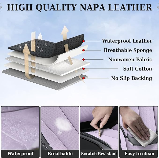 Coverado Universal Seat Covers Front, 2-Pack Universal Seat Covers for Cars, Waterproof Nappa Leather Car Seat Covers with Head Pillow, Auto Protectors Fit for Most Sedans SUV Truck-Black&Purple