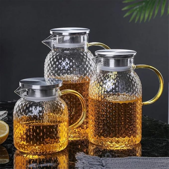 GLigeT Iced Tea Pitcher Glass Water Pitcher with Filter Lid and Pouring Spout Heat Resistant Glass Carafe for Hot Cold Beverages Homemade Ice Tea Bottle Water Jug(1L)