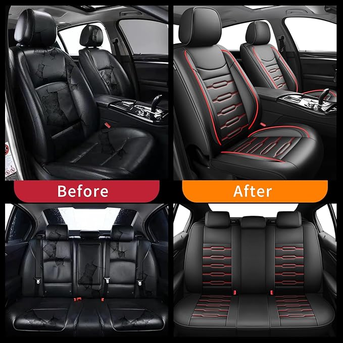 Fit Prius Car Seat Covers for Toyota Prius 2001-2024 2025 2026 - Upgraded Premium Waterproof & Breathable Leather, Airbag Compatible, All-Weather Seat Cushion Protector (Full Set, Black+Red)