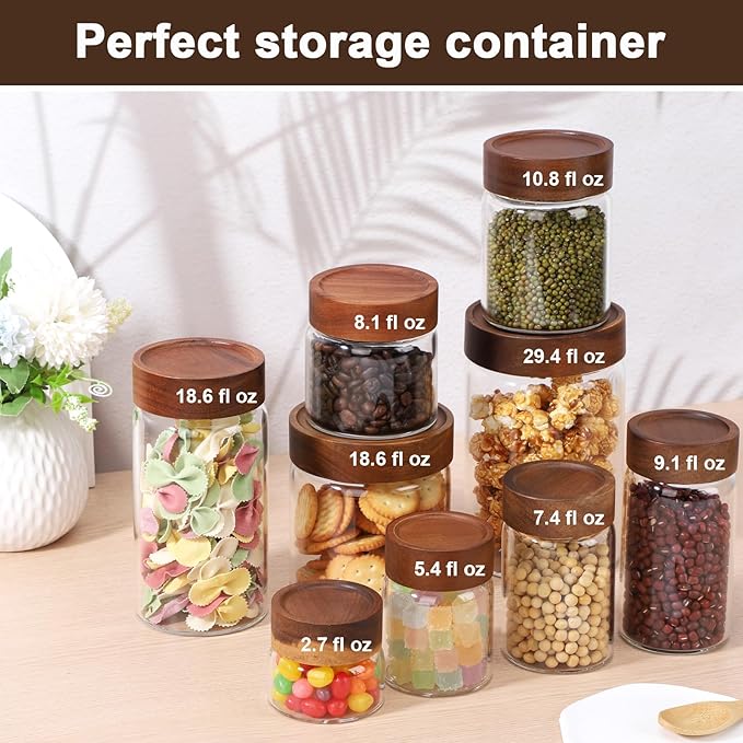 Coffee Jars Set of 2, Empty 9oz 270ml Glass Storage Jars with Airtight Wood Lids, Screw Top Kitchen Glass Container, Sugar Canister for Spice, Snacks, Loose Tea, Candy, Oats, Beans, Seasoning