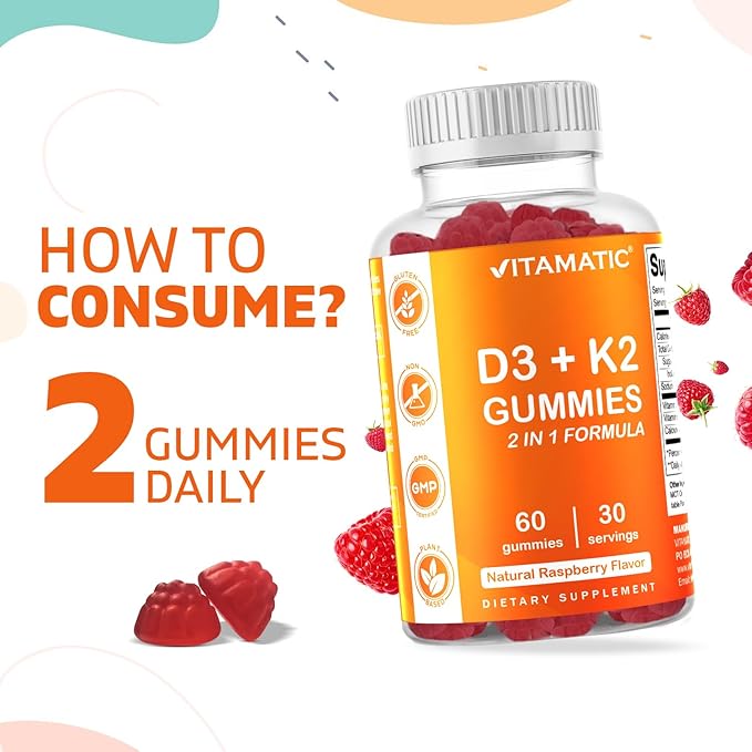Vitamatic Vitamin D3 + K2 Gummies – 60 Count | Supports Bone, Heart & Immune Health – Promotes Calcium Absorption – Plant-Based, Non-GMO, Gluten-Free